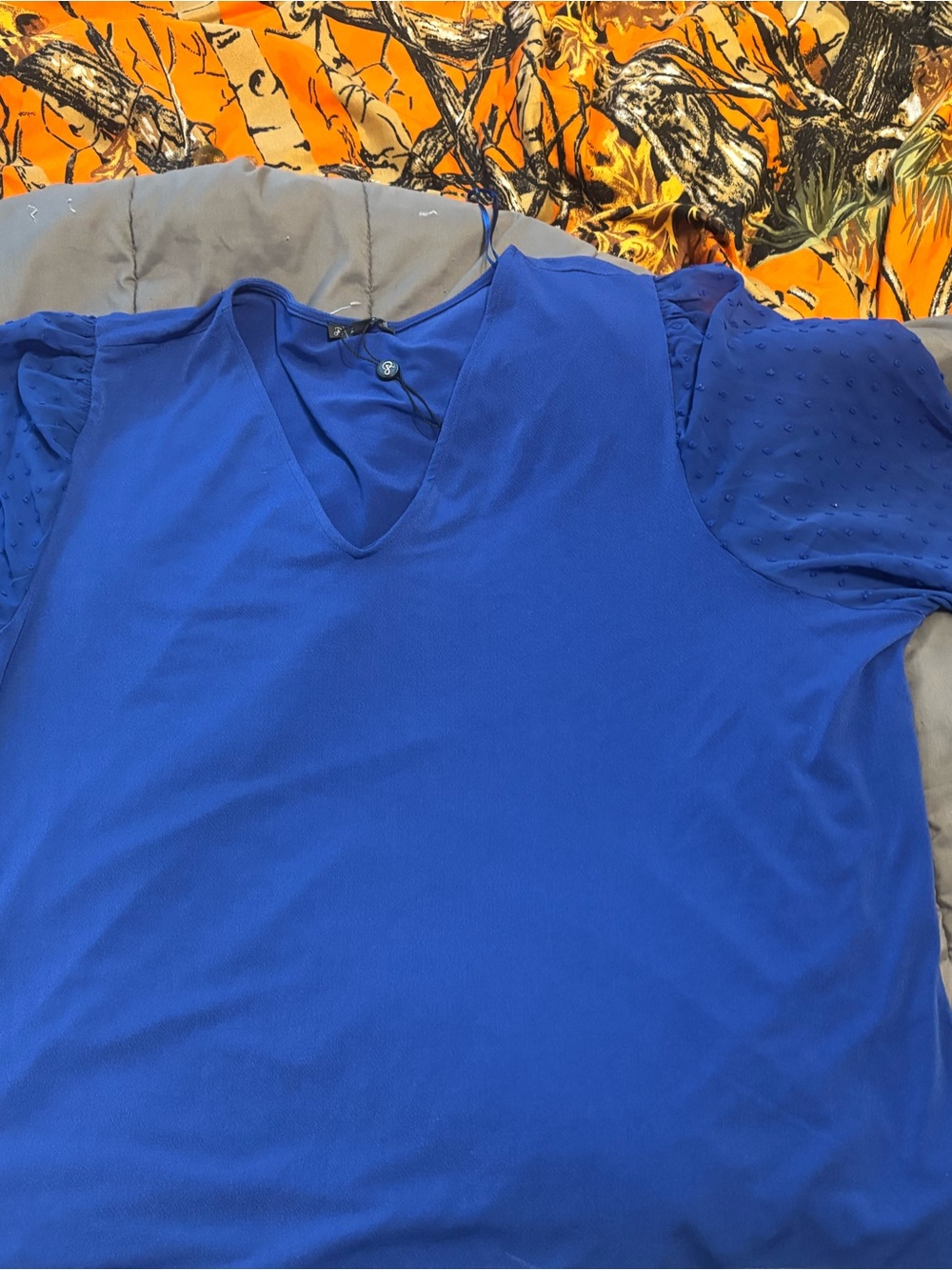 Royal Blue V-Neck Blouse with Puff Dot Sleeves
